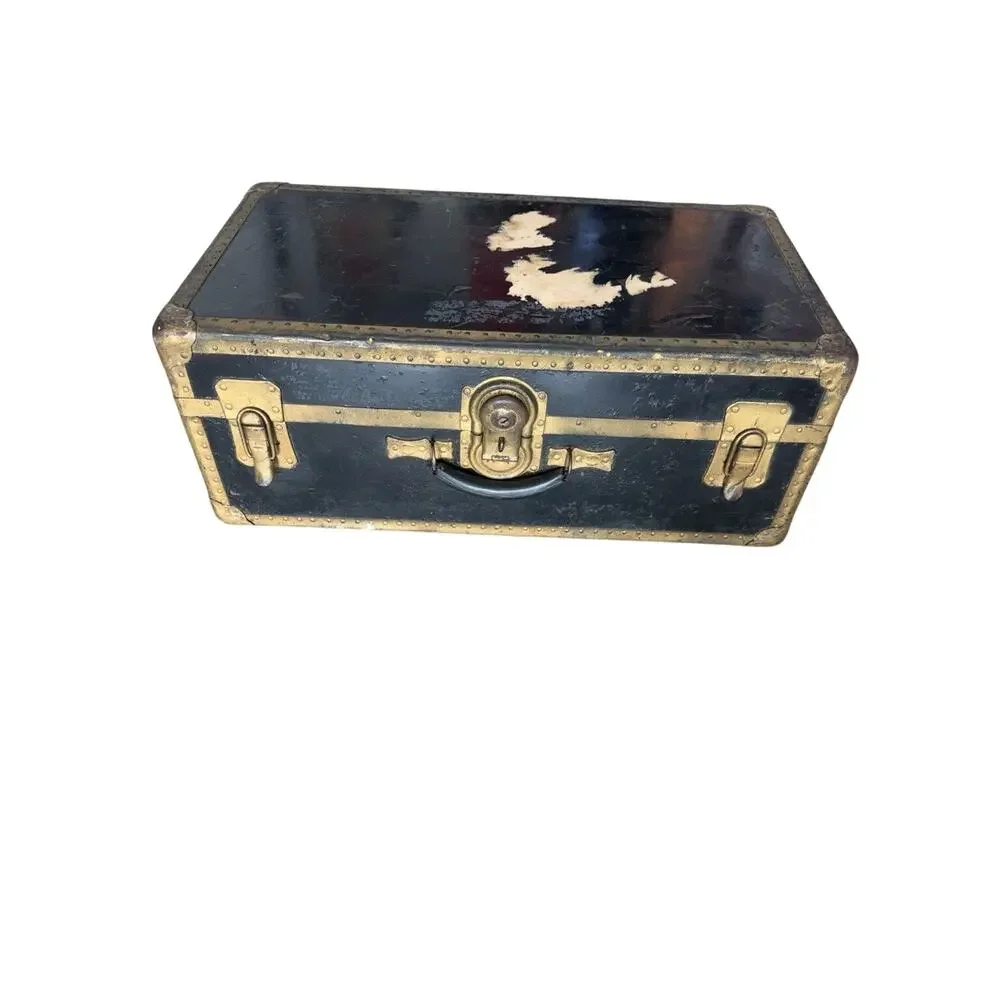 Antique Shwayder Bros Steamer Trunk Black Brass Flat Top Chest Denver Detroit